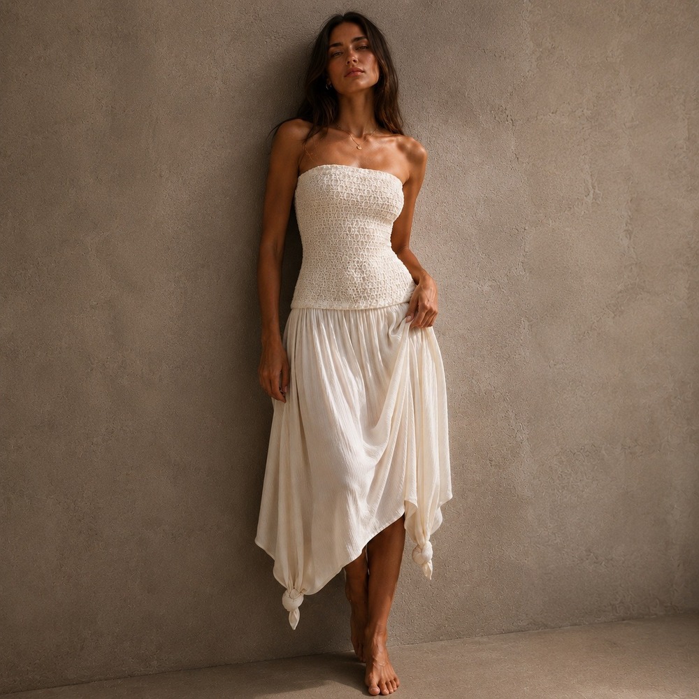 Anthropologie Smocked Strapless Cover Up Dress Open Back Midi XL NWT